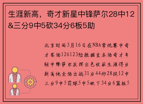 生涯新高,奇才新星中锋萨尔28中12&三分9中5砍34分6板5助