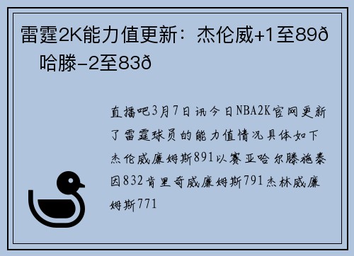 雷霆2K能力值更新:杰伦威+1至89📈哈滕-2至83📉